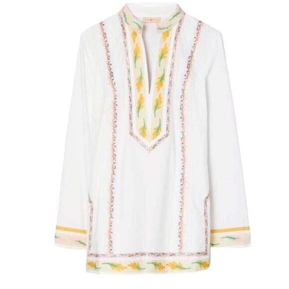 Tory Burch Top embellished ribbon embroidered tunic white size 6 - Picture 5 of 5